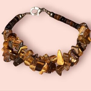 Jasper tiger's eye beaded bracelet silvertone clasp vintage 8in